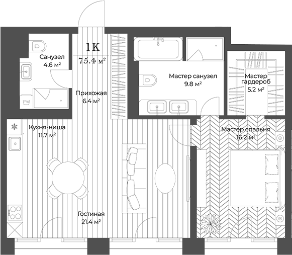 Планировка евродвушка (2Е) 75.3 м² в ЖК «Опус», корпус 1