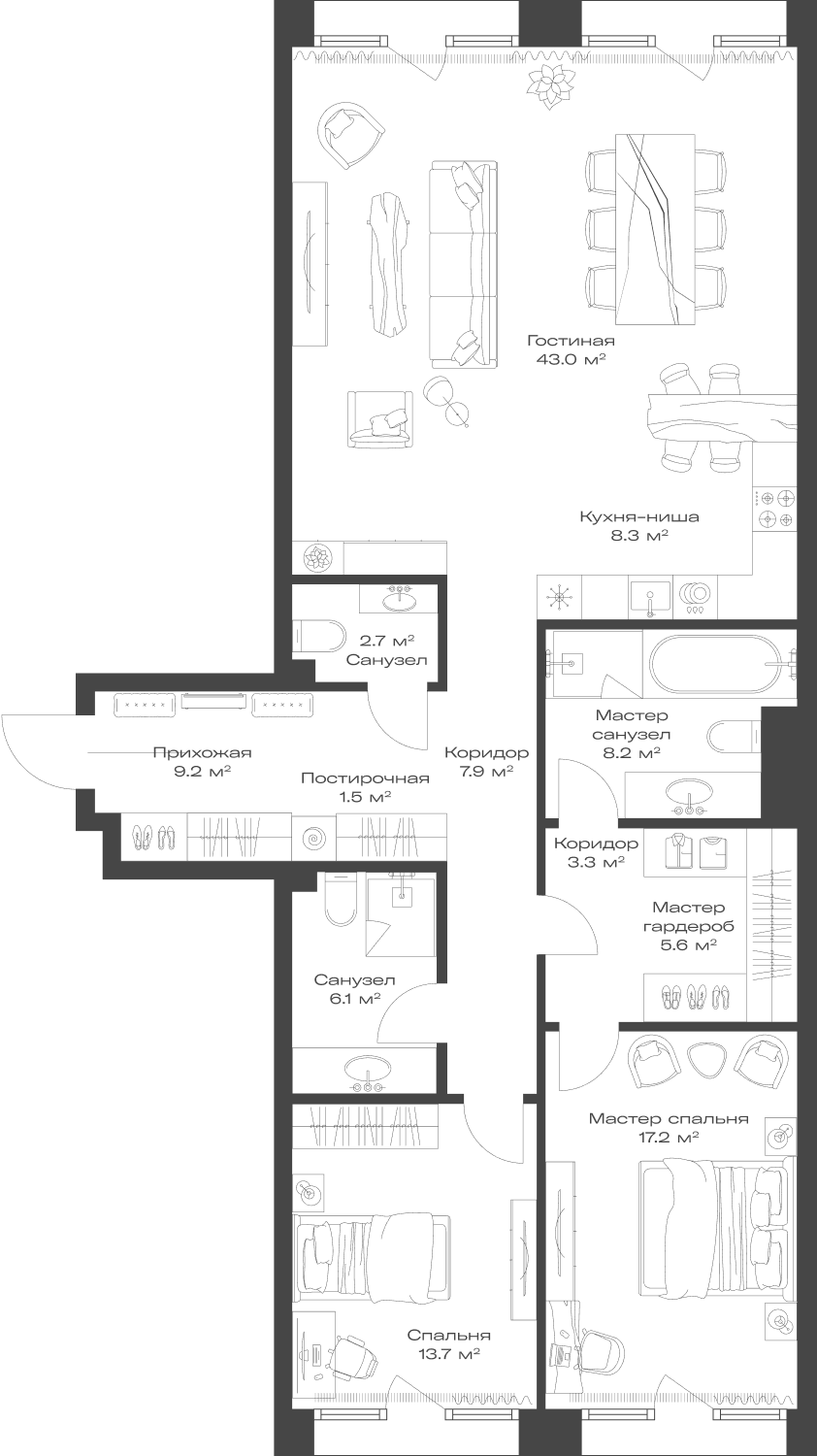 Планировка евротрёшка (3Е) 126.7 м² в ЖК «Опус», корпус 1