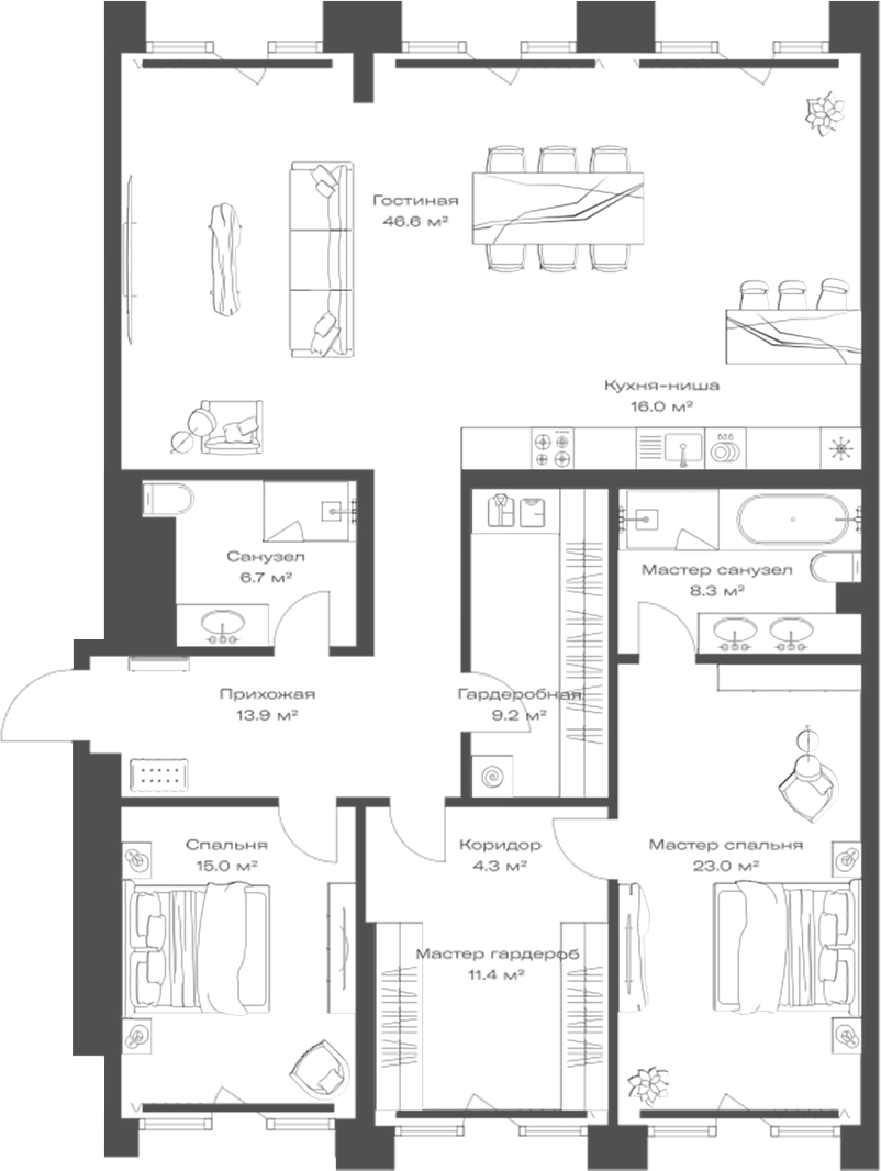 Планировка евротрёшка (3Е) 154.4 м² в ЖК «Опус», корпус 1