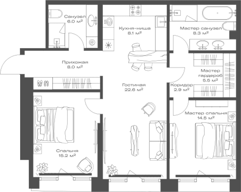 Планировка евротрёшка (3Е) 91.1 м² в ЖК «Опус», корпус 1