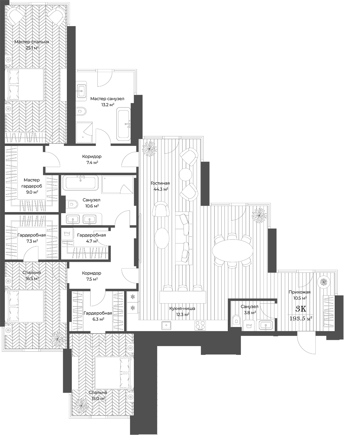 Планировка евро-4 (4Е) 193.5 м² в ЖК «Опус», корпус 1
