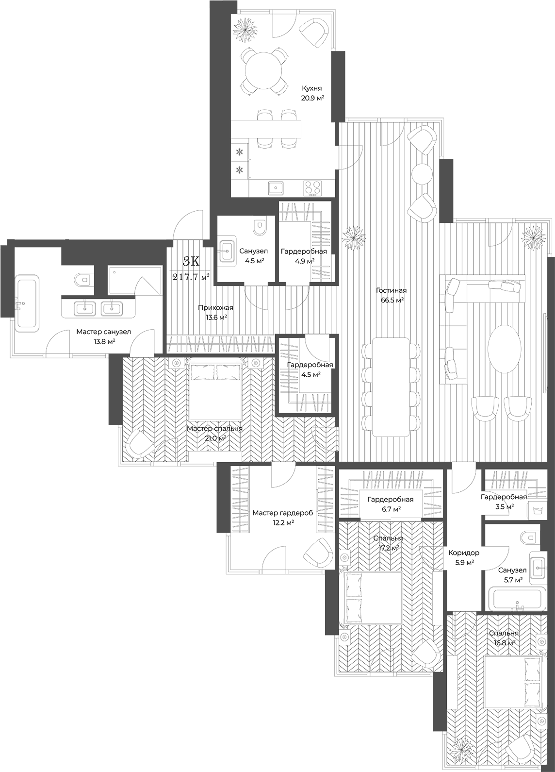 Планировка евро-4 (4Е) 217.7 м² в ЖК «Опус», корпус 1