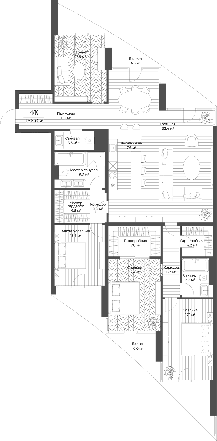 Планировка 5Е-к.кв 188.6 м² в ЖК «Опус», корпус 1