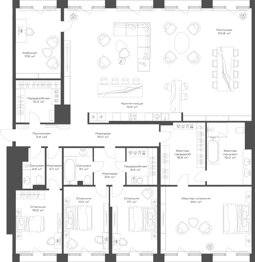 Планировка пятикомнатная 305.8 м² в ЖК «Опус», корпус 1