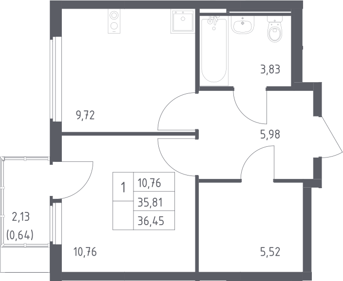 Планировка однокомнатная 36.45 м² в ЖК «Остафьево», корпус 22