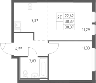 Планировка евродвушка (2Е) 38.37 м² в ЖК «Остафьево», корпус 22