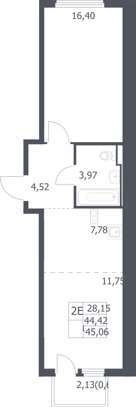 Планировка евродвушка (2Е) 45.06 м² в ЖК «Остафьево», корпус 20