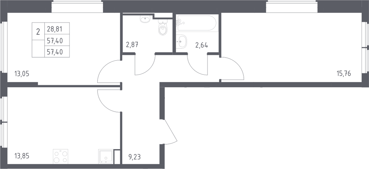 Планировка двухкомнатная 57.4 м² в ЖК «Остафьево», корпус 22