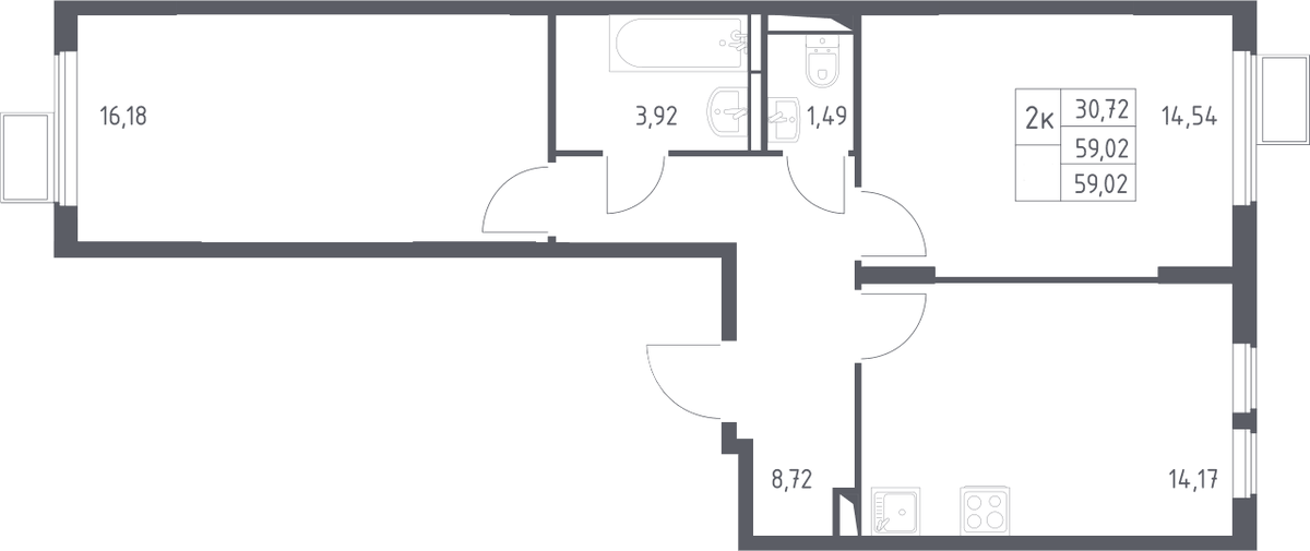 Планировка двухкомнатная 59.02 м² в ЖК «Остафьево», корпус 15