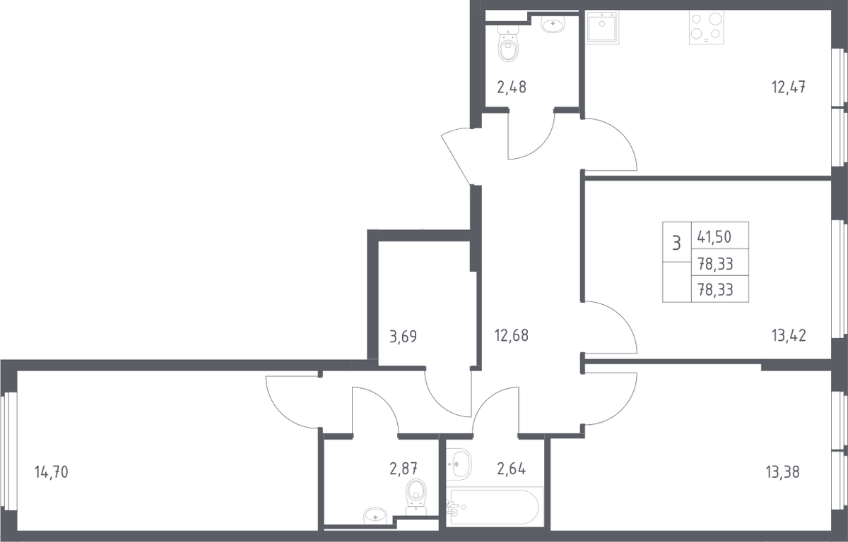 Планировка трёхкомнатная 78.33 м² в ЖК «Остафьево», корпус 20
