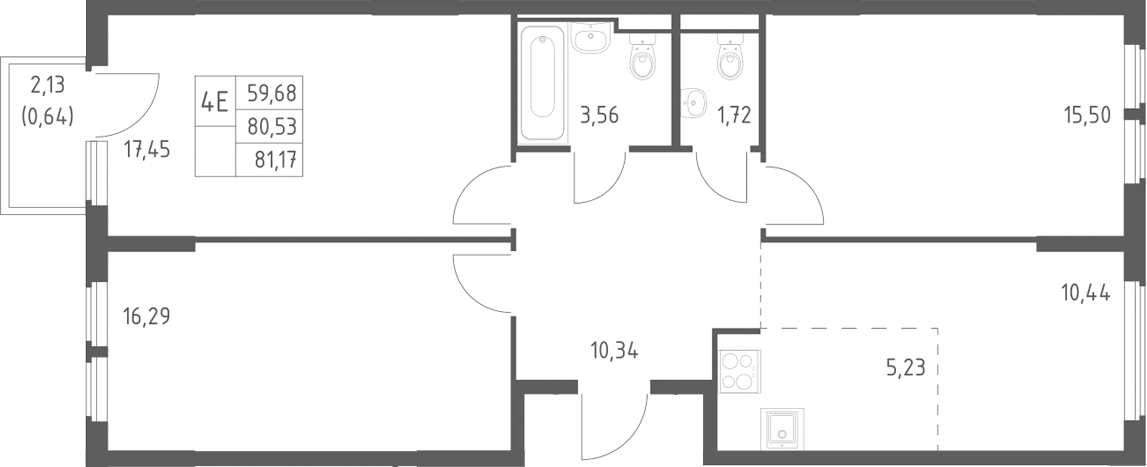 Планировка евро-4 (4Е) 81.17 м² в ЖК «Остафьево», корпус 22