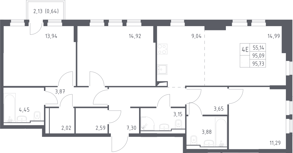 Планировка евро-4 (4Е) 94.7 м² в ЖК «Остафьево», корпус 19