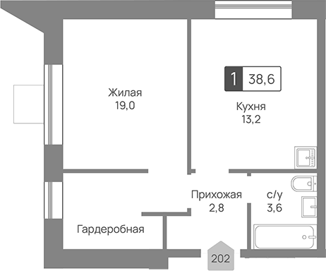 Планировка однокомнатная 38.6 м² в ЖК «Отрада 3», корпус 3