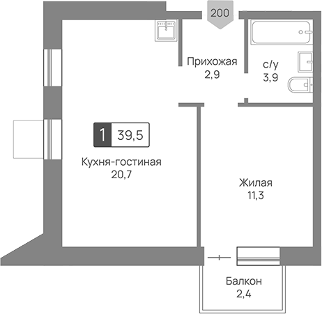 Планировка евродвушка (2Е) 39.5 м² в ЖК «Отрада 3», корпус 3