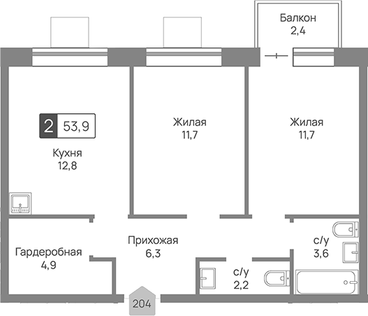 Планировка двухкомнатная 53.9 м² в ЖК «Отрада 3», корпус 3