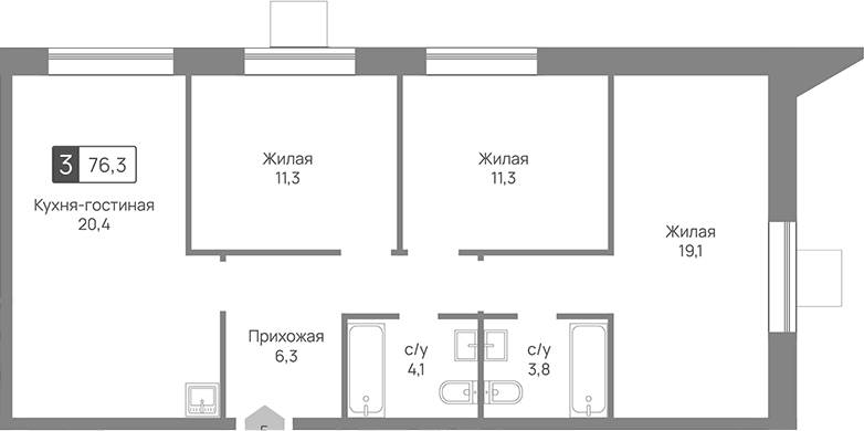 Планировка евро-4 (4Е) 76.3 м² в ЖК «Отрада 3», корпус 3