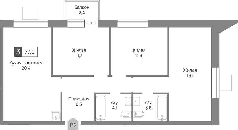 Планировка евро-4 (4Е) 77 м² в ЖК «Отрада 3», корпус 3