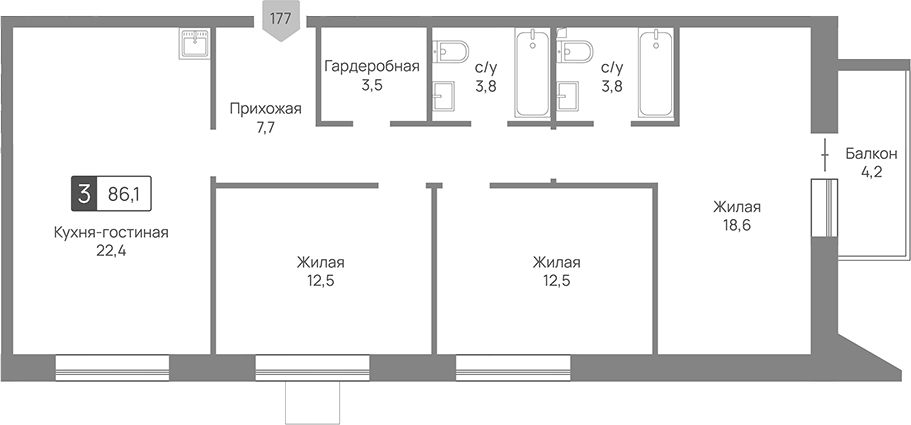 Планировка евро-4 (4Е) 86.1 м² в ЖК «Отрада 3», корпус 3