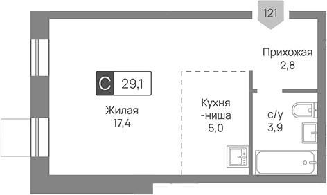 Планировка Студии 29.1 м² в ЖК «Отрада 3», корпус 3