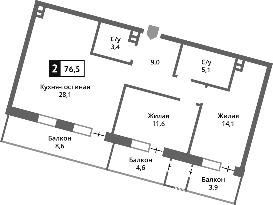 Планировка евротрёшка (3Е) 71.2 м² в ЖК «Отрада на реке», корпус 1