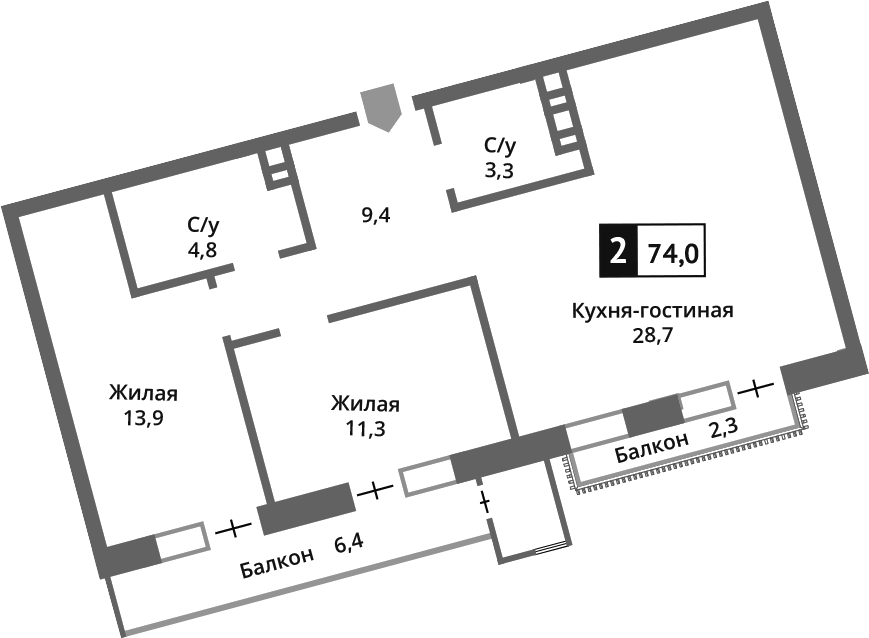 Планировка евротрёшка (3Е) 71.5 м² в ЖК «Отрада на реке», корпус 1