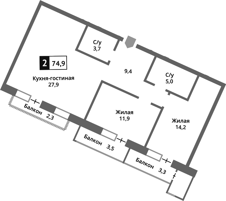 Планировка евротрёшка (3Е) 72.2 м² в ЖК «Отрада на реке», корпус 1