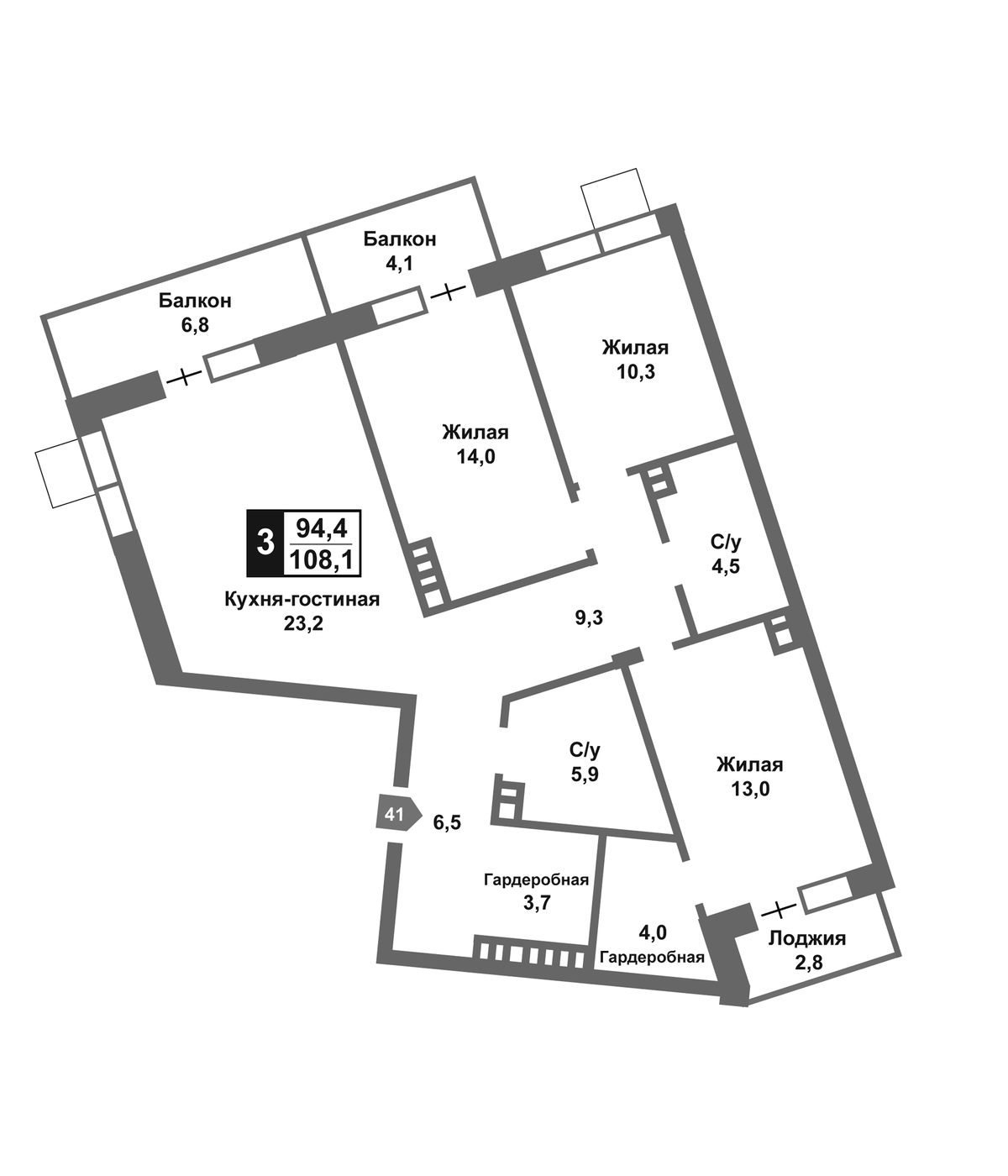 Планировка евро-4 (4Е) 94.4 м² в ЖК «Отрада на реке», корпус 1