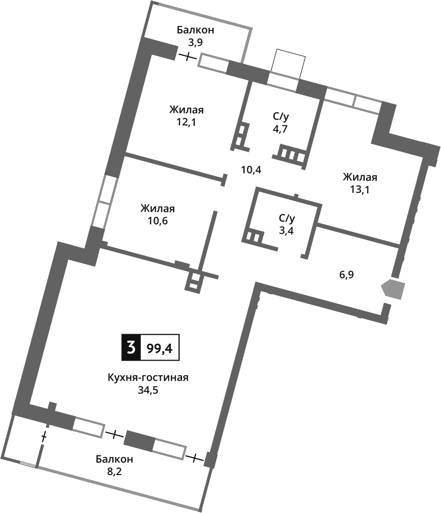 Планировка евро-4 (4Е) 95.8 м² в ЖК «Отрада на реке», корпус 1