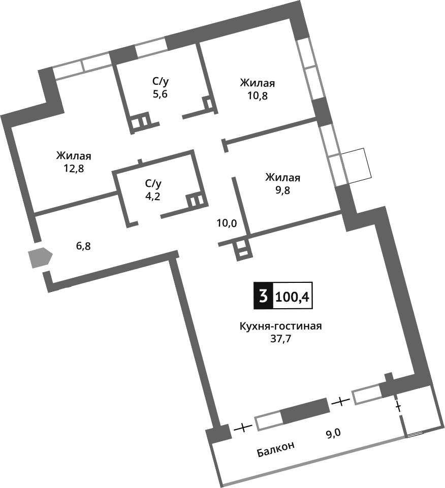 Планировка евро-4 (4Е) 98 м² в ЖК «Отрада на реке», корпус 1