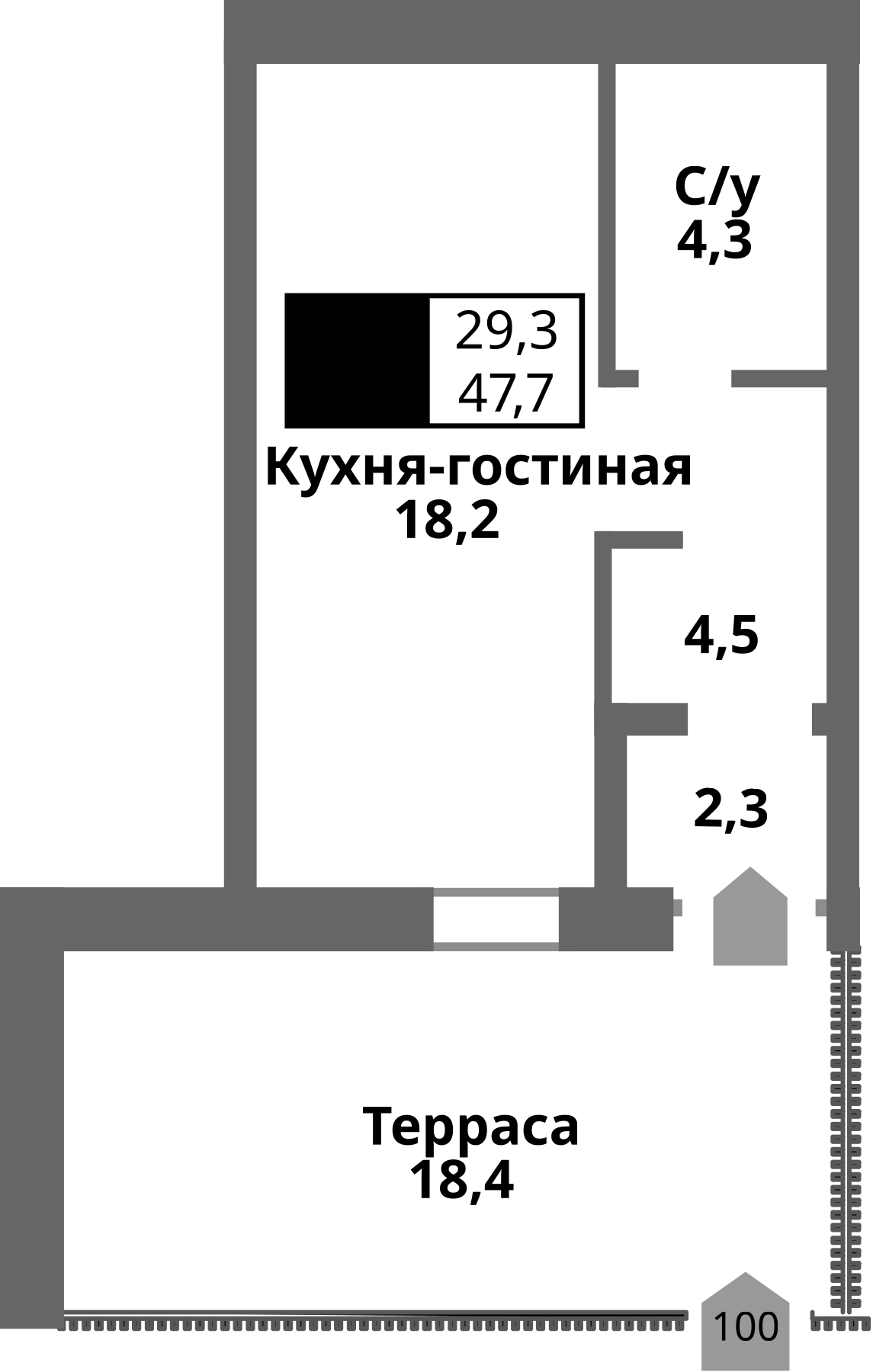 Планировка Студии 47.7 м² в ЖК «Отрада на реке», корпус 1
