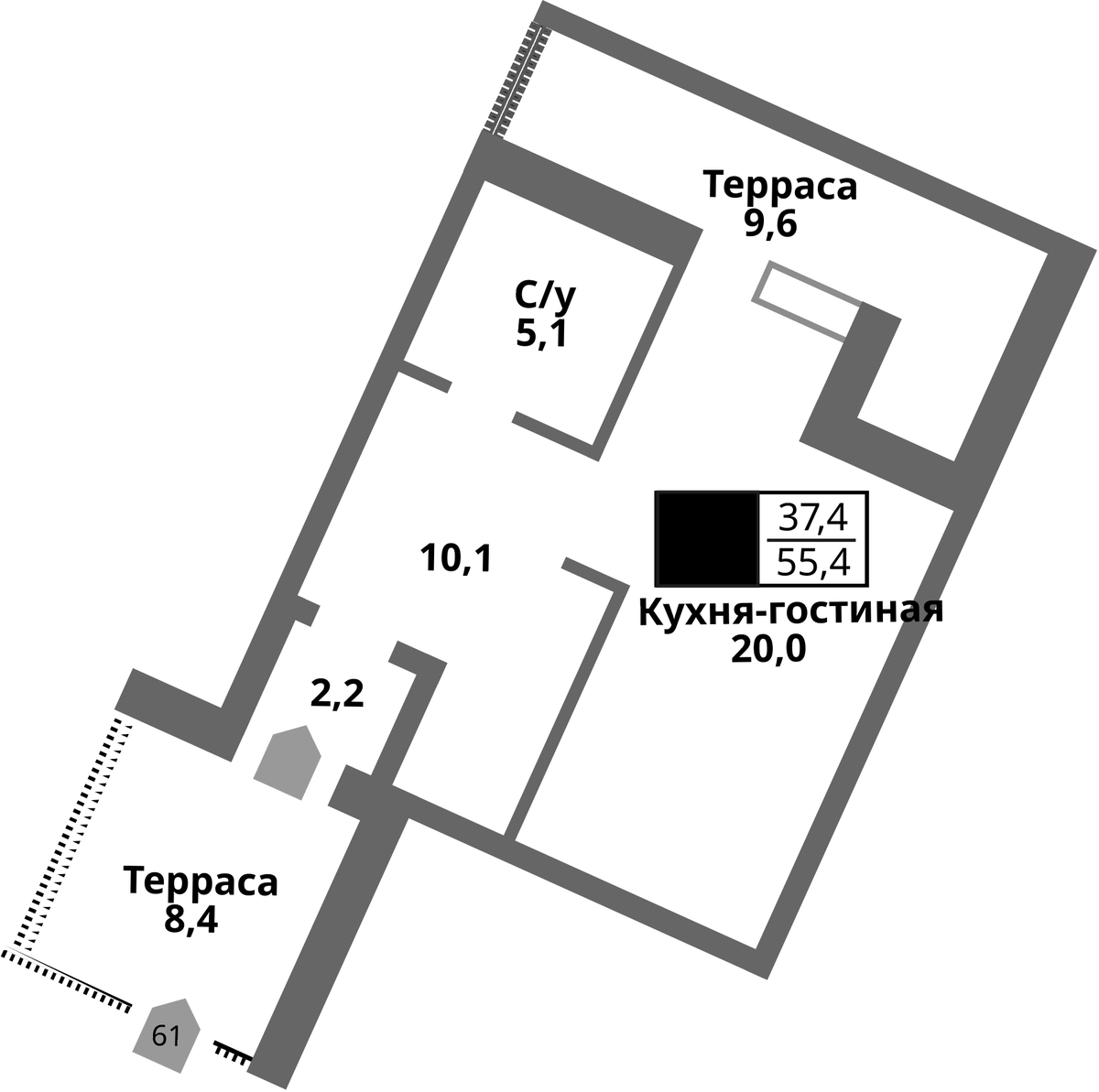 Планировка Студии 55.4 м² в ЖК «Отрада на реке», корпус 1
