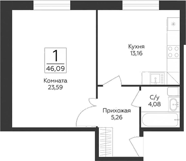 Планировка однокомнатная 46.09 м² в ЖК «Пахра Сити», корпус А