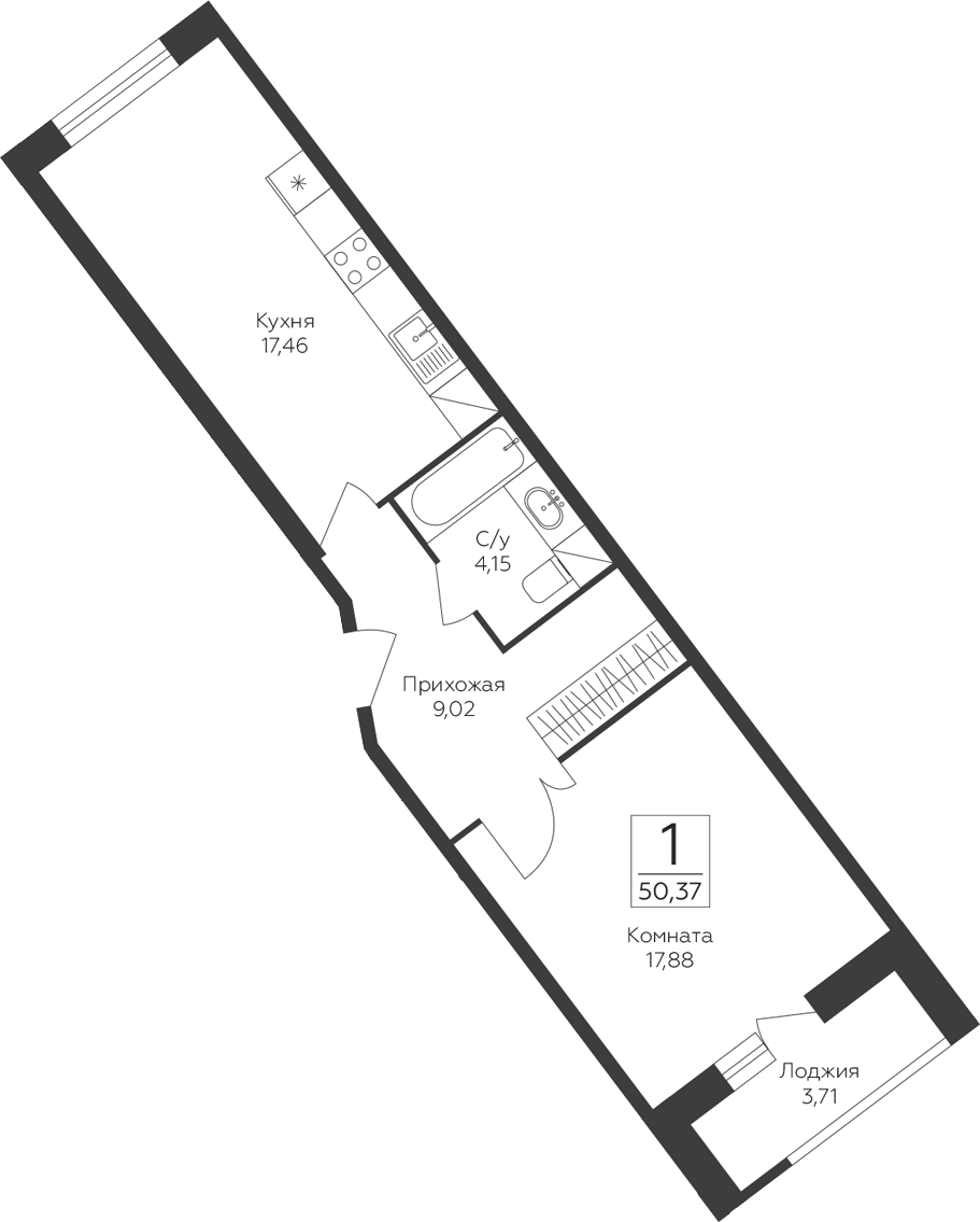 Планировка однокомнатная 50.37 м² в ЖК «Пахра Сити», корпус А