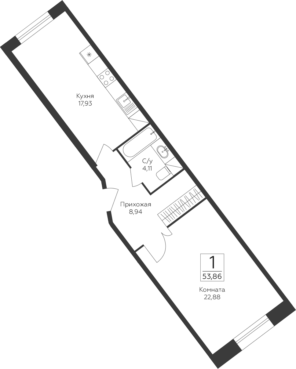 Планировка однокомнатная 53.86 м² в ЖК «Пахра Сити», корпус А