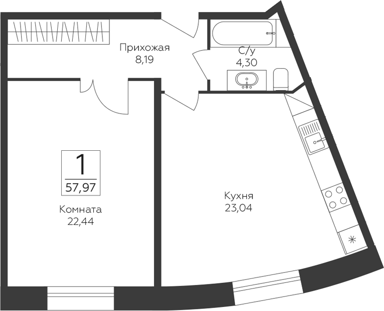 Планировка однокомнатная 57.97 м² в ЖК «Пахра Сити», корпус А