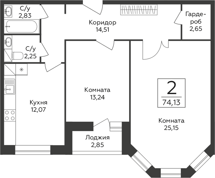 Планировка двухкомнатная 74.13 м² в ЖК «Пахра Сити», корпус А