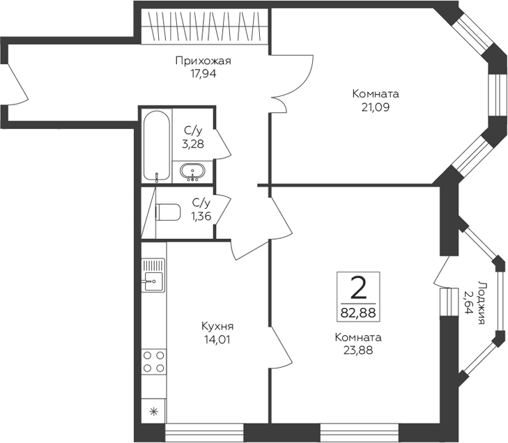 Планировка двухкомнатная 82.88 м² в ЖК «Пахра Сити», корпус А
