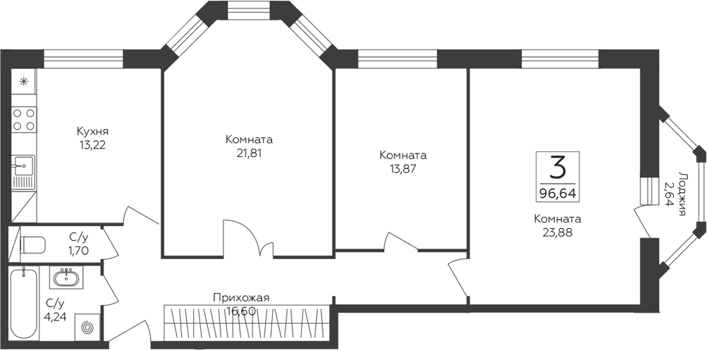 Планировка трёхкомнатная 96.64 м² в ЖК «Пахра Сити», корпус А