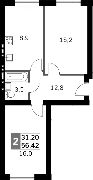Планировка двухкомнатная 55.1 м² в ЖК «Парк Апрель», корпус 45