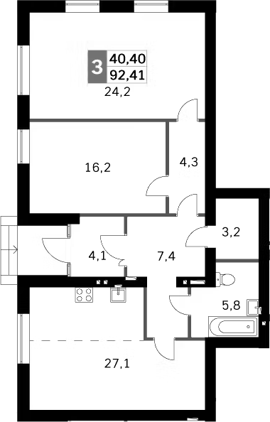 Планировка евротрёшка (3Е) 90.6 м² в ЖК «Парк Апрель», корпус 45