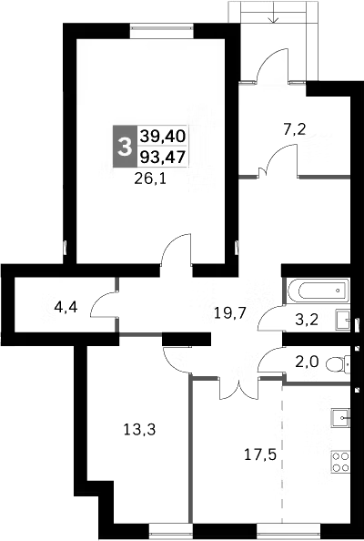 Планировка евротрёшка (3Е) 91.9 м² в ЖК «Парк Апрель», корпус 45