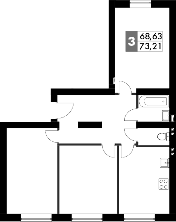 Планировка трёхкомнатная 73.43 м² в ЖК «Парк Апрель», корпус 46
