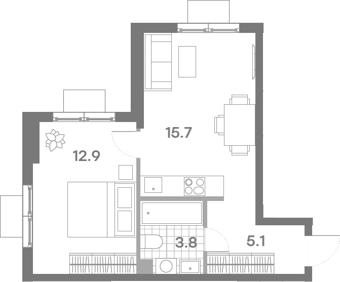 Планировка евродвушка (2Е) 36.5 м² в ЖК «ПаркСайд», корпус 1