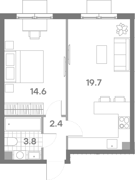 Планировка евродвушка (2Е) 40.5 м² в ЖК «ПаркСайд», корпус 1