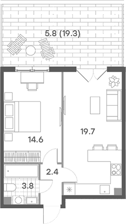 Планировка евродвушка (2Е) 46.3 м² в ЖК «ПаркСайд», корпус 1