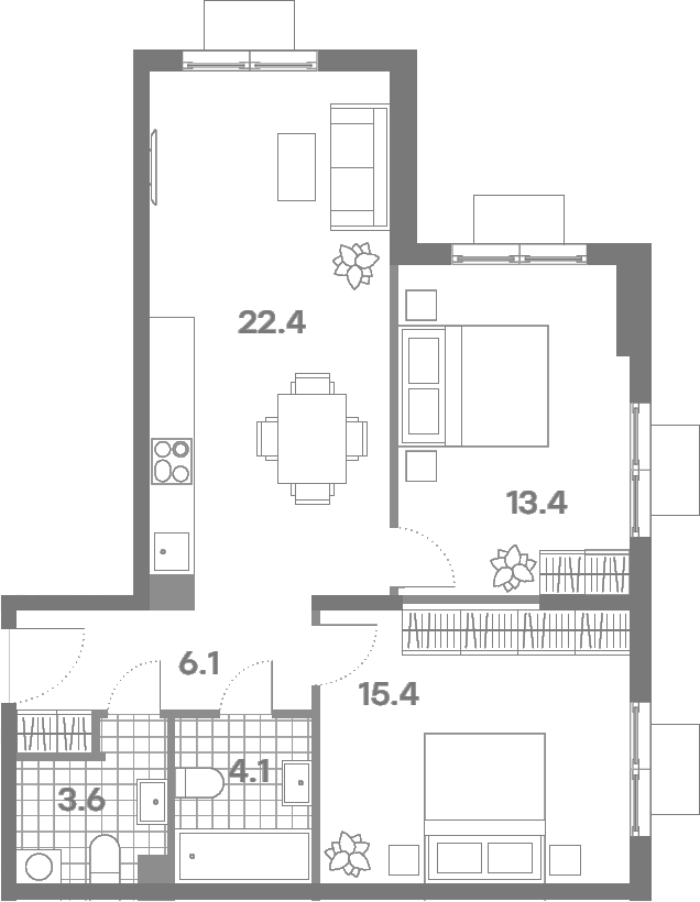 Планировка евротрёшка (3Е) 63.7 м² в ЖК «ПаркСайд», корпус 1
