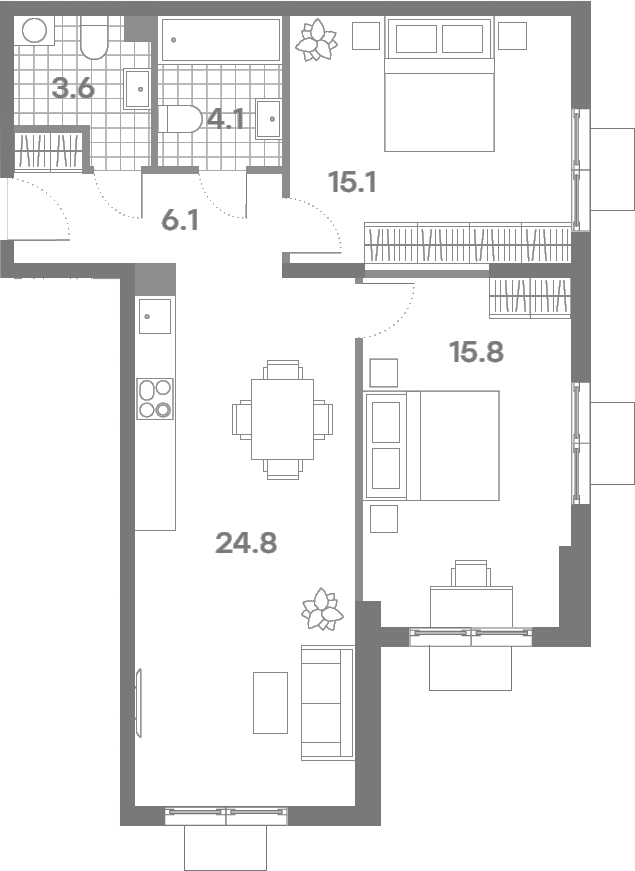 Планировка евротрёшка (3Е) 68.3 м² в ЖК «ПаркСайд», корпус 1