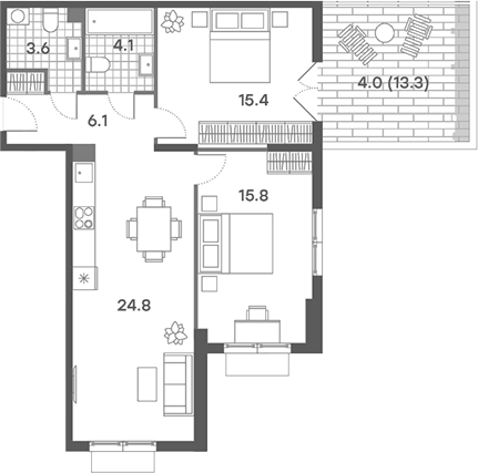 Планировка евротрёшка (3Е) 73.8 м² в ЖК «ПаркСайд», корпус 2