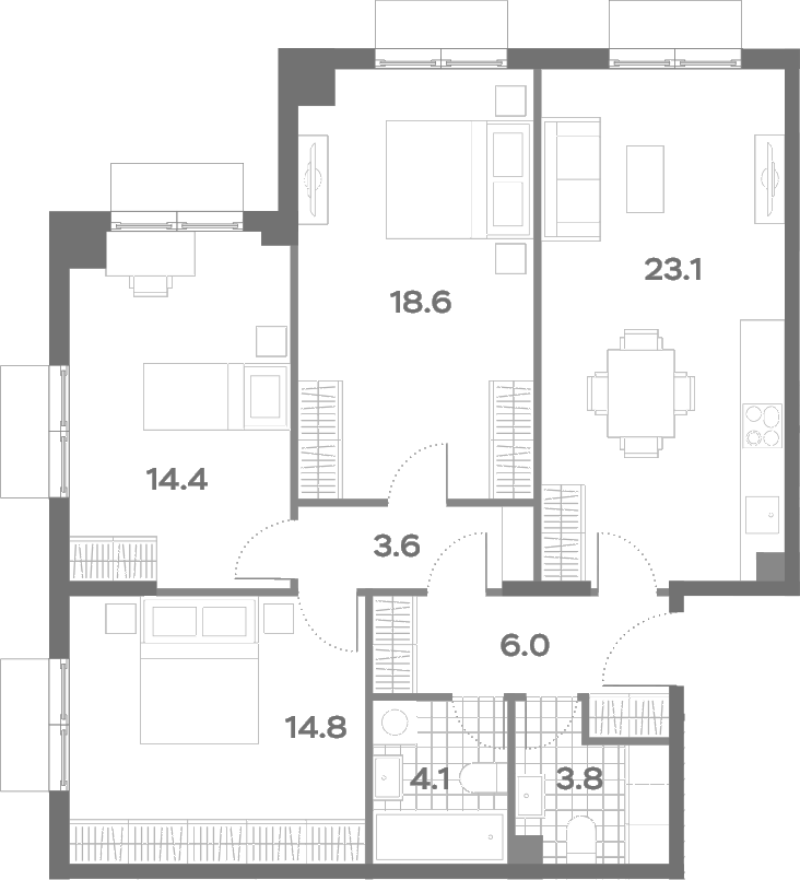 Планировка евро-4 (4Е) 88.4 м² в ЖК «ПаркСайд», корпус 4