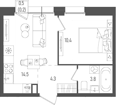 Планировка однокомнатная 33.2 м² в ЖК «Пейв», корпус 1